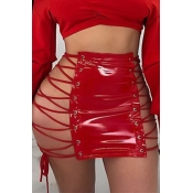 LovelySexy Lace-up Hollow-out Red Leather Sheath M