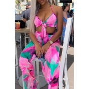 Lovely Sexy Printed Pink Two-piece Pants Set