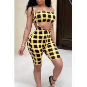 Lovely Sexy Grid Printed Yellow Two-piece Short Se