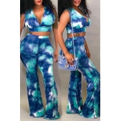 Lovely Euramerican V Neck Printed Two-piece Pants 