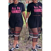 Lovely Casual Printed See-Through Black Gauze Mid 