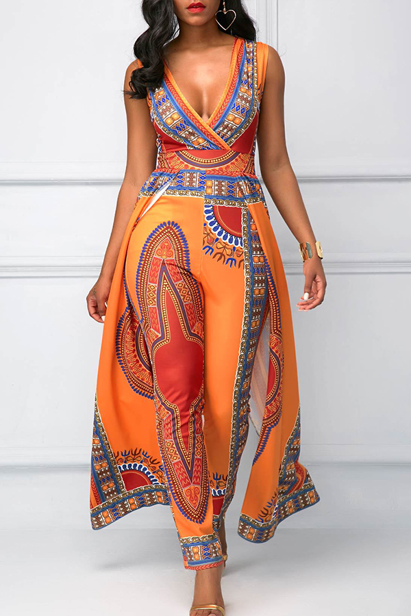 

Lovely Ethnic Style Printed Orange One-piece Jumpsuit