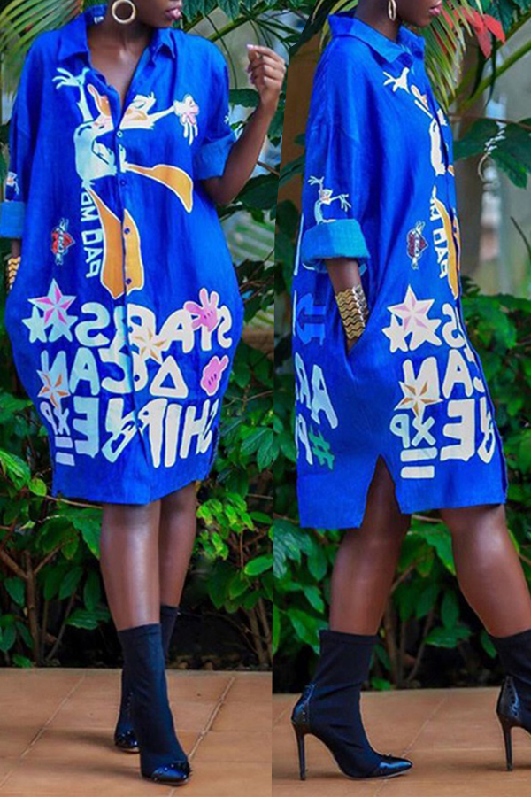 

Lovely Euramerican Floral Printed Blue Mid Calf Dress