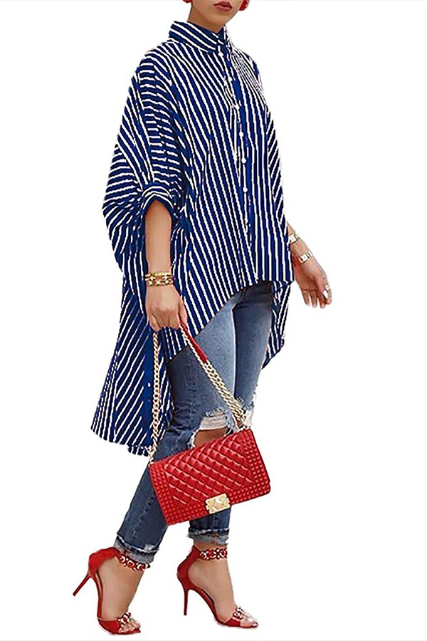 

Lovely Casual Asymmetrical Striped Blue Blouse