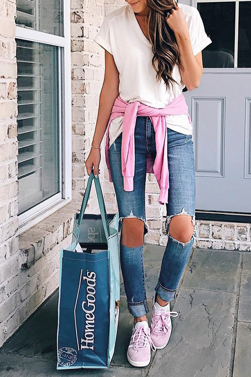 

Lovely Fashionable Mid Waist Broken Holes Blue Denim Zipped Pants