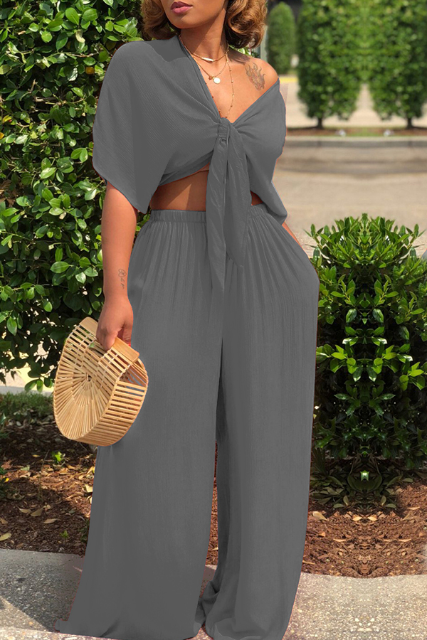 

Lovely Casual Deep V Neck Loose Grey Two-piece Pants Set