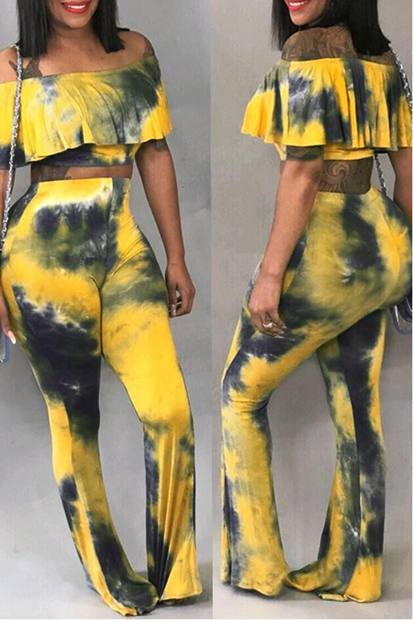 Lovely Fashion Dew Shoulder Flounces Design Multicolor Two-piece Pants Set