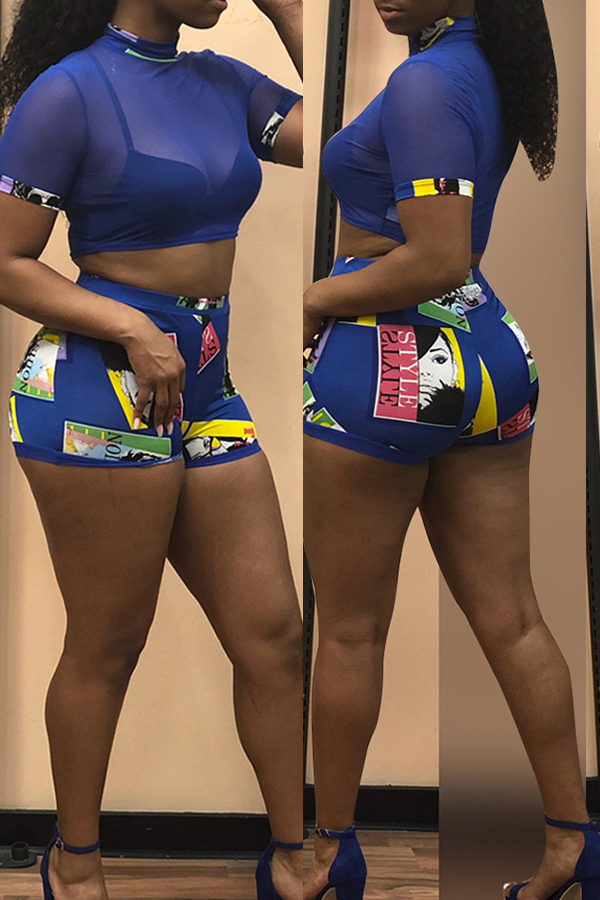 

Lovely Fashion See-through Printed Blue Two-piece Shorts Set