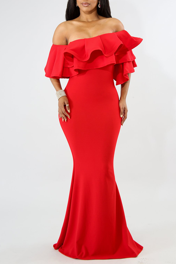 

Lovely Elegant Fishtail Flounces Design Red Floor Length Dress