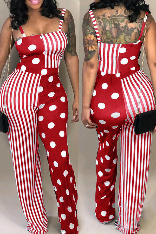

Lovely Casual Dots Printed Striped Red One-piece Jumpsuit