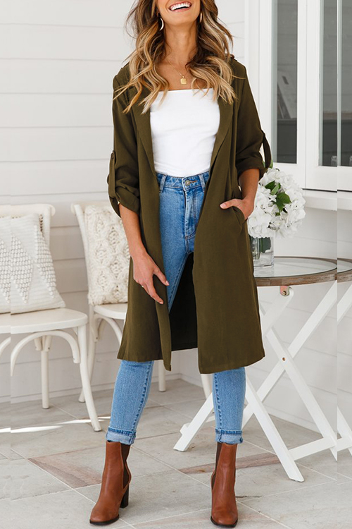 

Lovely Casual Long Sleeves Kick Pleat Olive Trench Coats (With Belt