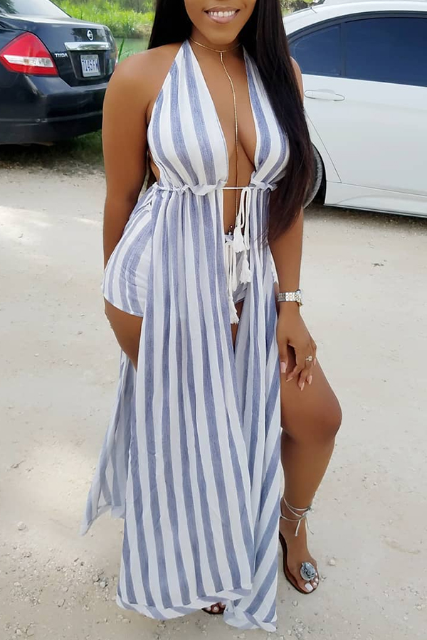 

Lovely Casual Backless Striped Baby Blue Cotton Two-piece Shorts Set
