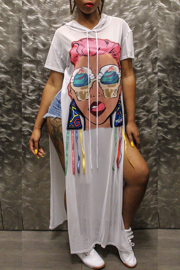 

Lovely Street Style Hooded Collar Printed White Gauze T-shirt