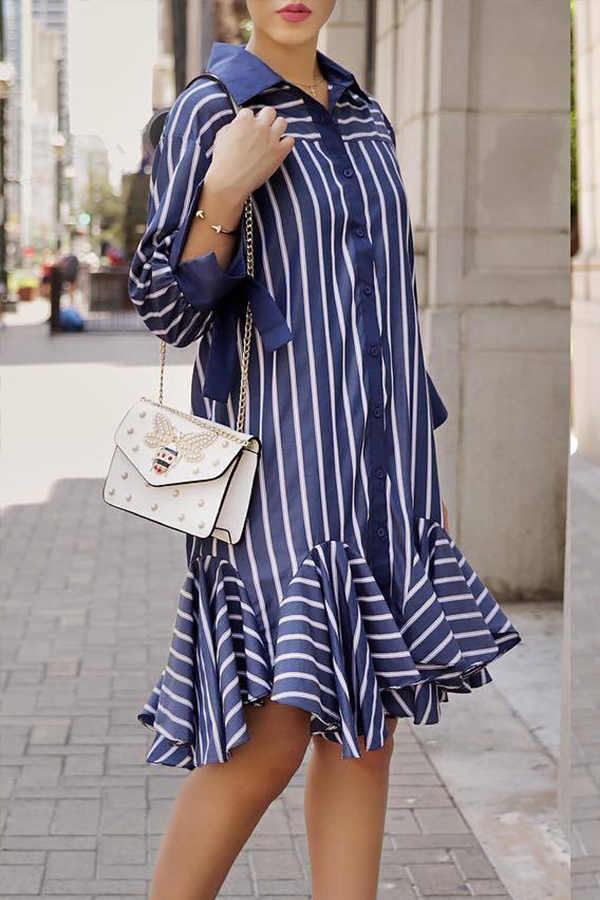 

Lovely Casual Striped Flounces Design Blue Tatting Knee Length Dress