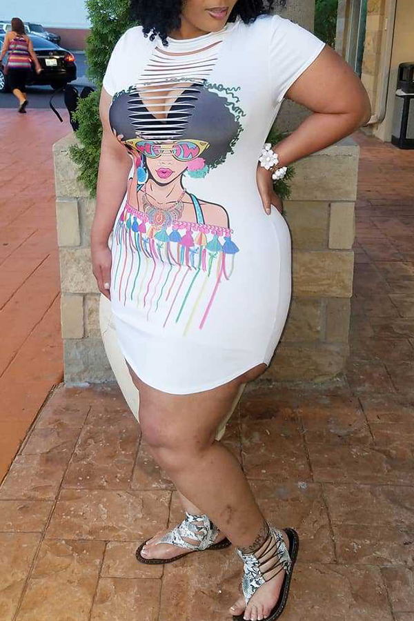 

Lovely Casual Character Printed White Blending Mini T-shirt Dress