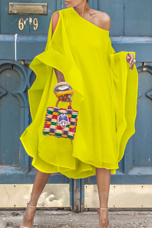 

Lovely Sweet Bat-wing Sleeves Asymmetrical Yellow Chiffon Mid Calf Dress