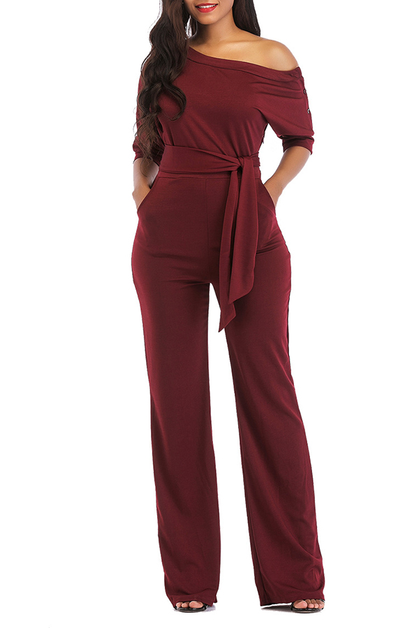

Lovely Casual Sloping Shoulder Purplish Red Blending One-piece Jumpsuit (With Belt)
