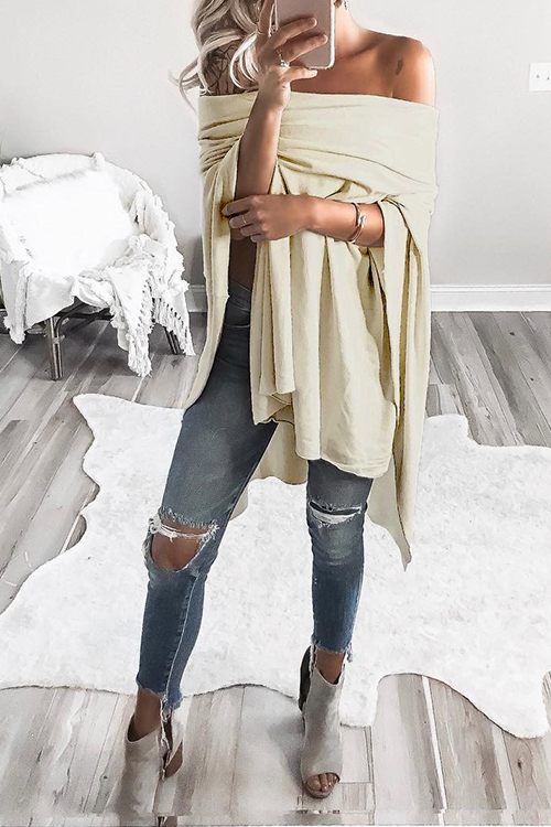 

Lovely Sexy Dew Shoulder Irregular Hems Beige Blending T-shirt