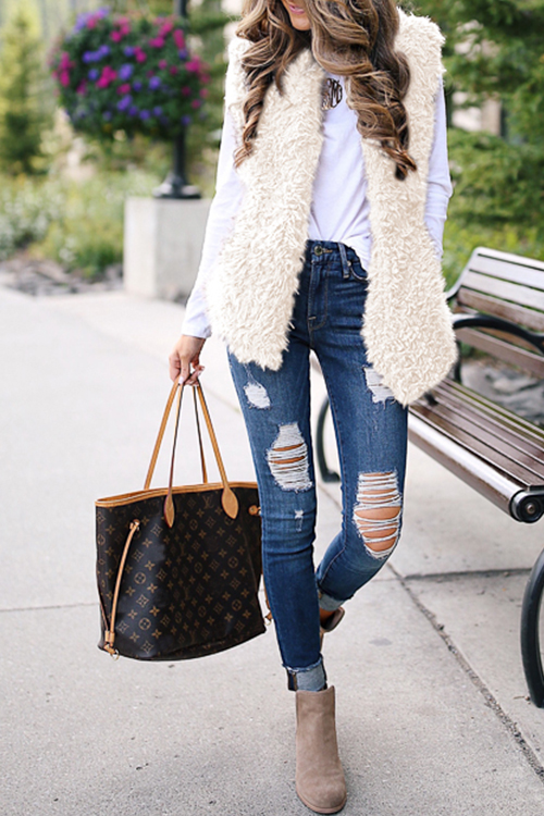 

Lovely Fashion Maomao Pocket Design White Blending Waistcoats