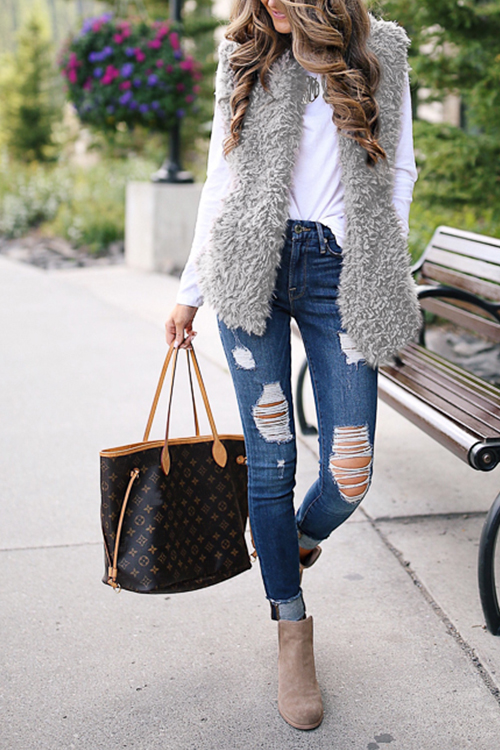 

Lovely Fashion Maomao Pocket Design Grey Blending Waistcoats