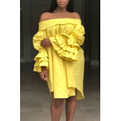 Lovely Trendy Dew Shoulder Yellow Knee Length Dres