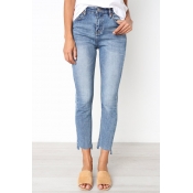 Lovely Euramerican Irregular Hems Baby Blue  Jeans