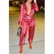 Lovely Euramerican Striped Red One-piece Jumpsuit