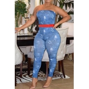 Lovely Euramerican Dew Shoulder Skinny Blue One-pi