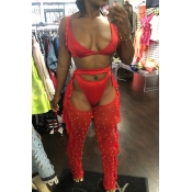 Lovely Sexy Nail Bead Design Red Two-piece Pants S