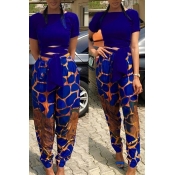 Lovely Casual Printed Blue Two-piece Pants Set