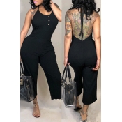 Lovely Casual Backless Loose Black Cotton Blends O
