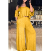 Lovely Casual Dew Shoulder Loose Yellow Two-piece 