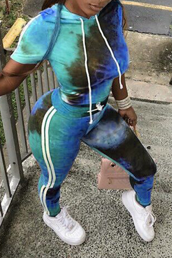

Lovely Casual Hooded Collar Patchwork Blue Two-piece Pants Set