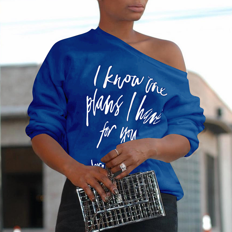 

Lovely Casual Long Sleeves Letter Printed Blue T-shirt