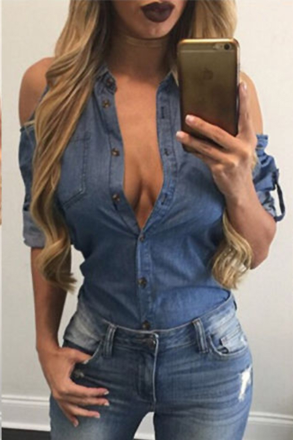 

Lovely Casual Dew Shoulder Deep Blue Cotton Blouses
