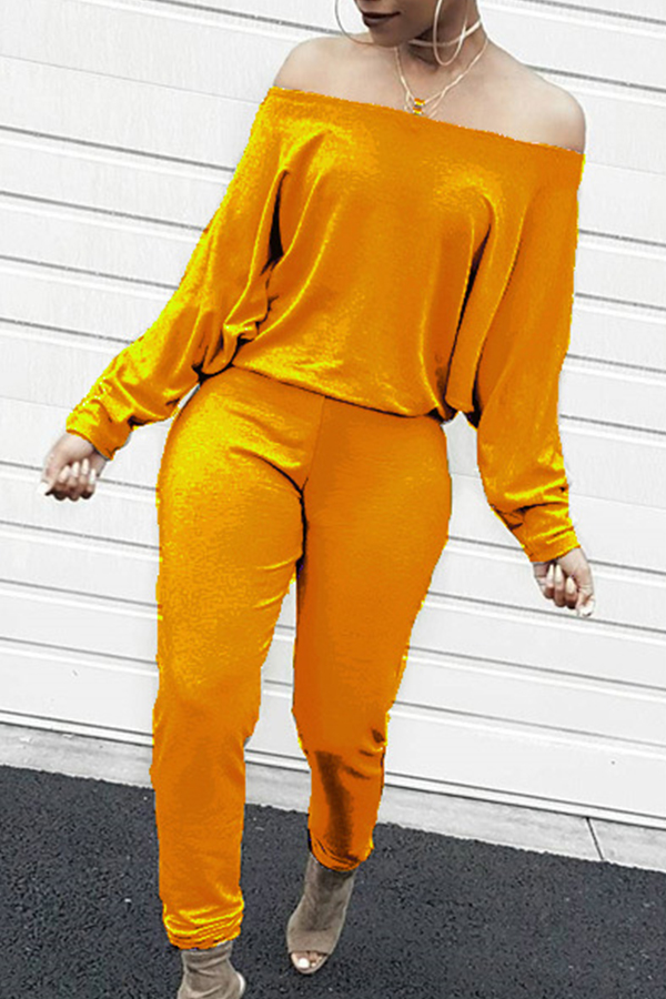 

Lovely Casual Dew Shoulder Yellow Cotton Blends One-piece Jumpsuit