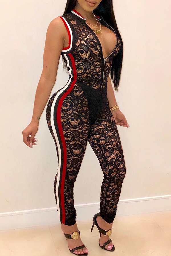 

Lovely Fashion Patchwork Black Lace One-piece Jumpsuit