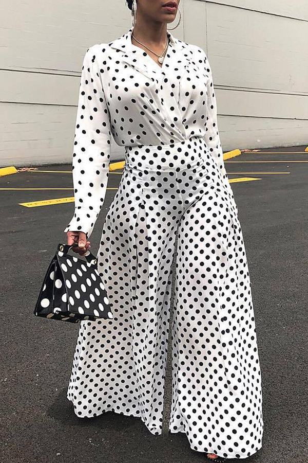 

Lovely Casual Dots Printed Loose White Twilled Satin Two-piece Pants Set