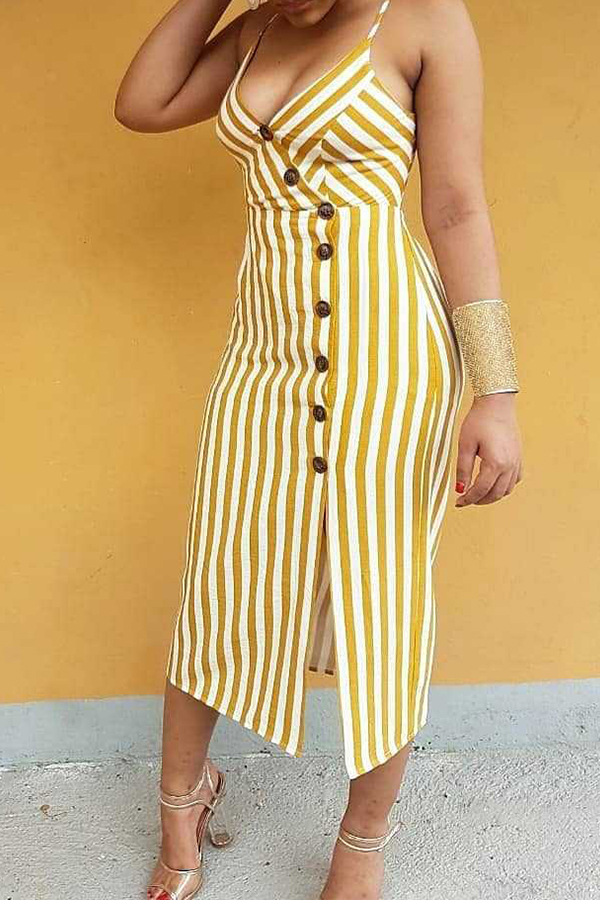 

Lovely Casual Striped Buttons Design Yellow Twilled Satin Mid Calf Dress