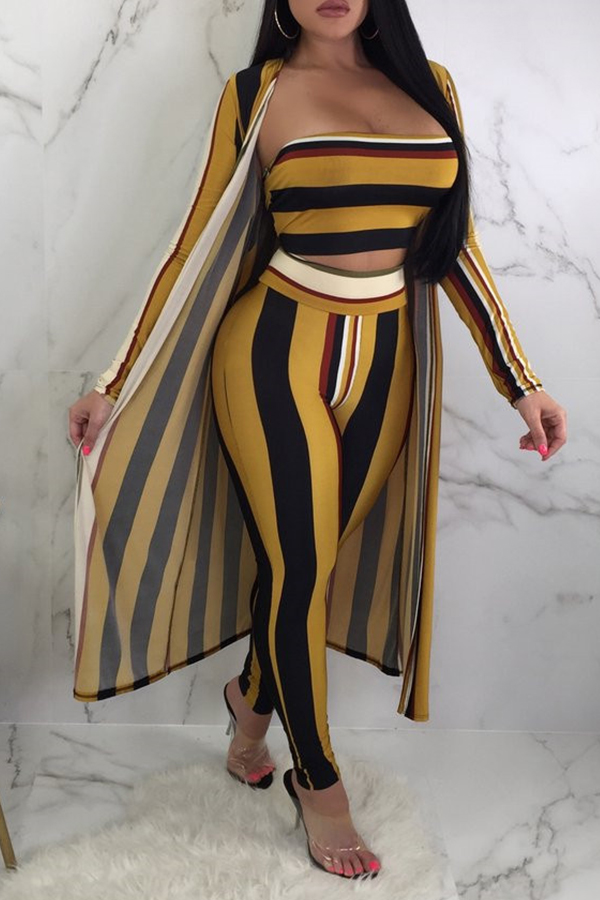 

Lovely Casual Striped Yellow Qmilch Two-piece Pants Set(With Coat)