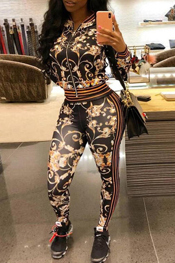 

Lovely Euramerican Printed Black Cotton Blends Two-piece Pants Set