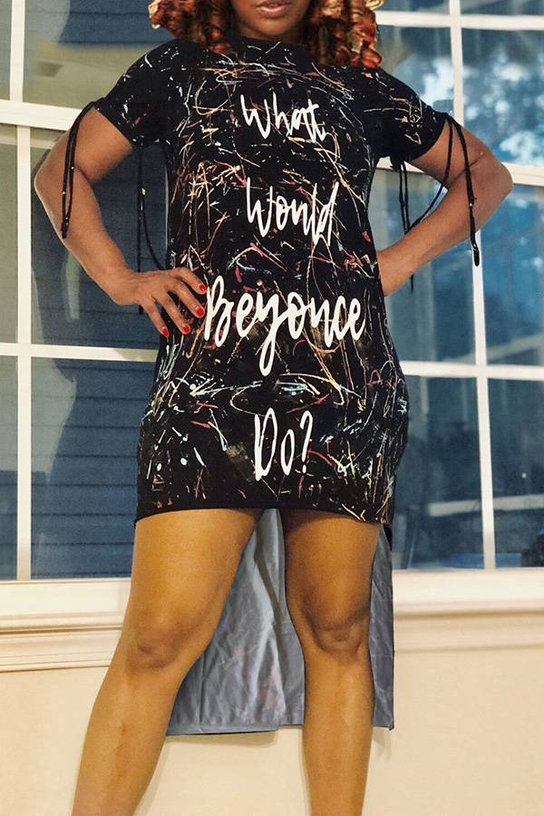 

Lovely Casual Letter Print Black Mid Calf Dress