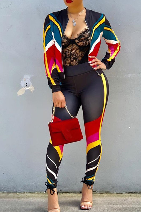 

Lovely Sportswear Patchwork Black Blending Two-piece Pants Set