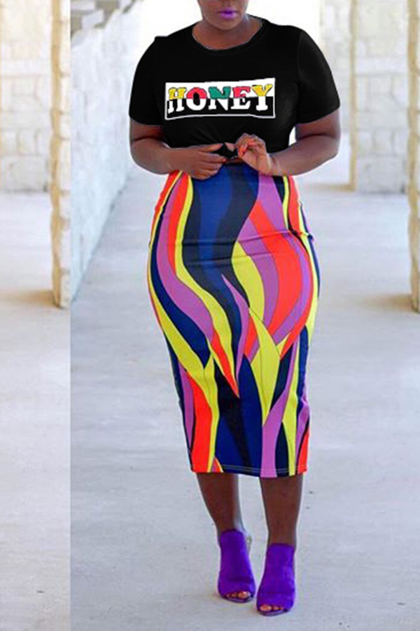 

Lovely Euramerican Letters Printed Black Two-piece Skirt Set