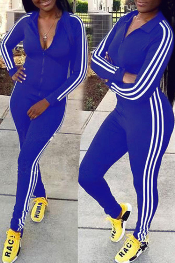 

Lovely Euramerican Striped Patchwork Blue One-piece Jumpsuit