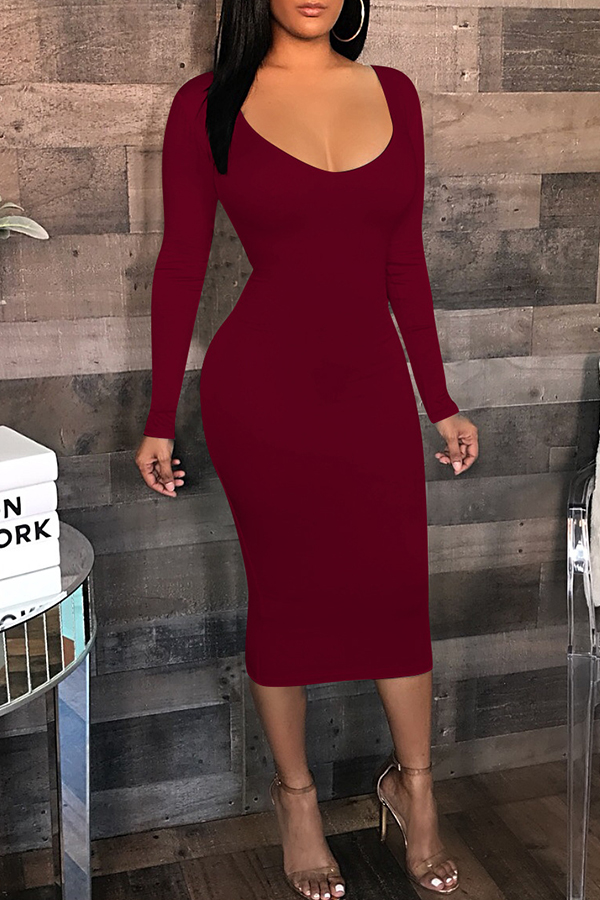 

Lovely Casual Long Sleeves Slim Wine Red Mid Calf Dress