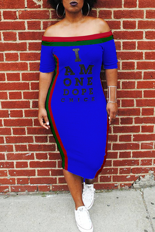 

Lovely Euramerican Letters Printed Patchwork Blue Knee Length Dress