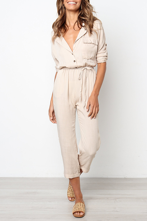 

Lovely Casual Buttons Design Lace-up Apricot Blending One-piece Jumpsuit