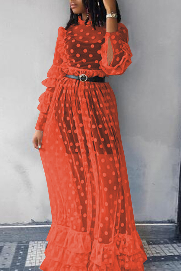 

Lovely Casual Dots Printed Red Gauze Floor Length Dress(Without Subcoating And Belt)