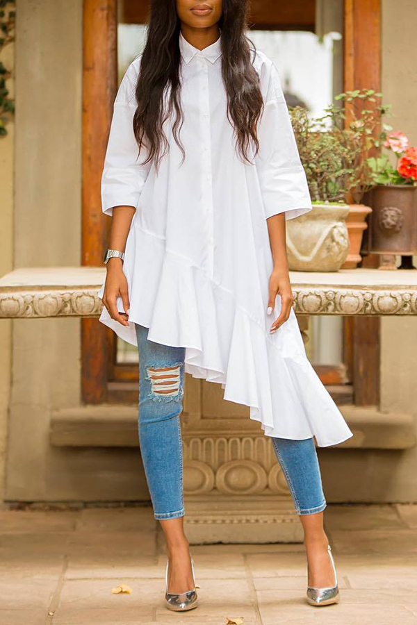 

Lovely Casual Asymmetrical Flounce White Mid Calf Dress